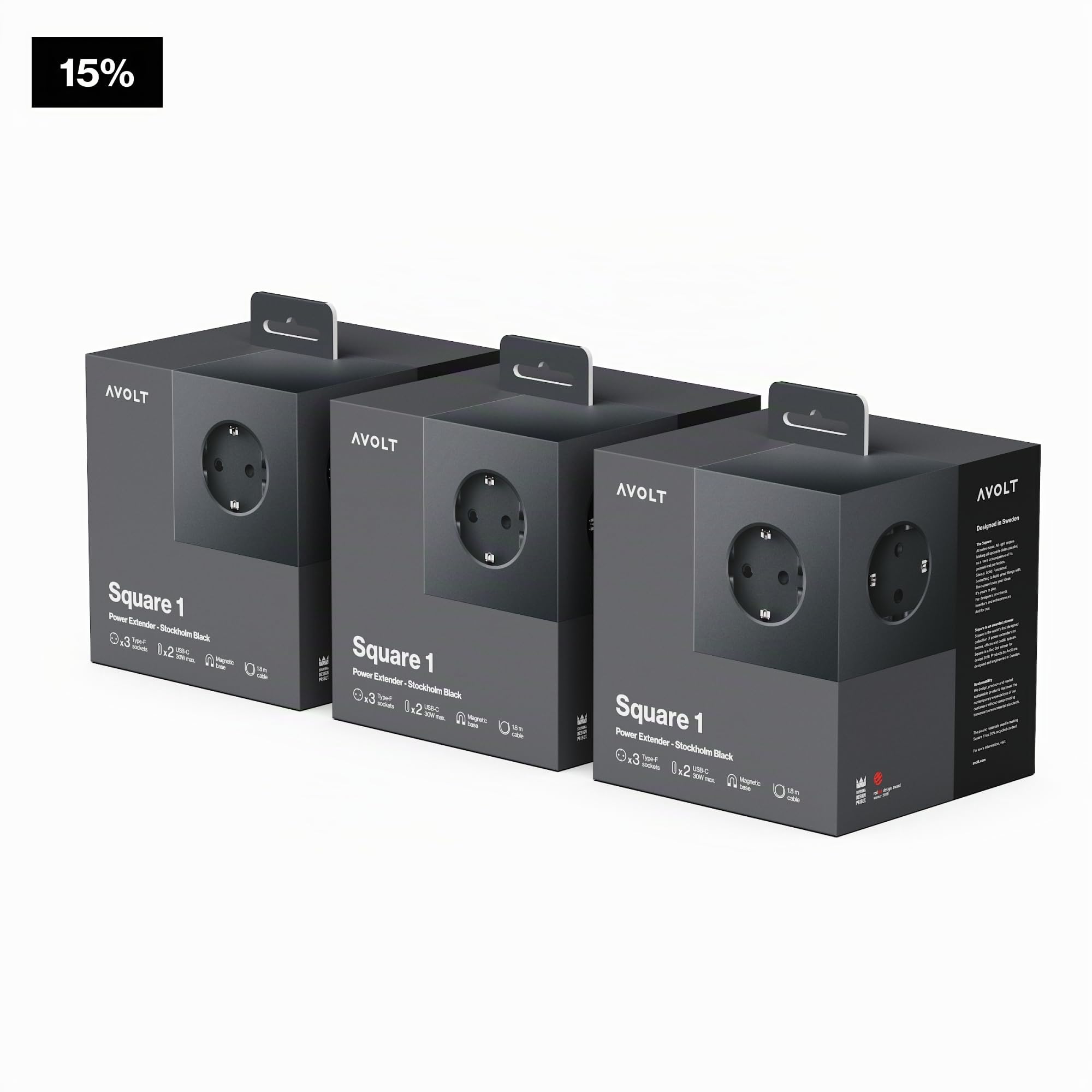 Avolt Square 1 Multipresa Cubo Magnetica, 3 Prese, 2 USB-C 30W | Multipresa magnetica nera. Ciabatta cubo di design, ricarica rapida USB-C 30W per scrivania, casa e ufficio