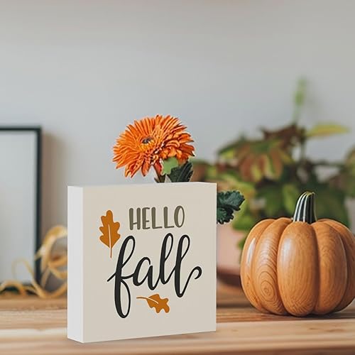 Miniatura 6 de Rustic Hello Fall Wood Box Sign, Farmhouse Retro Fall Leaves Artwork Decor, Autumn Thanksgiving Wooden Square Sign Desk Block Signs Home Shelf