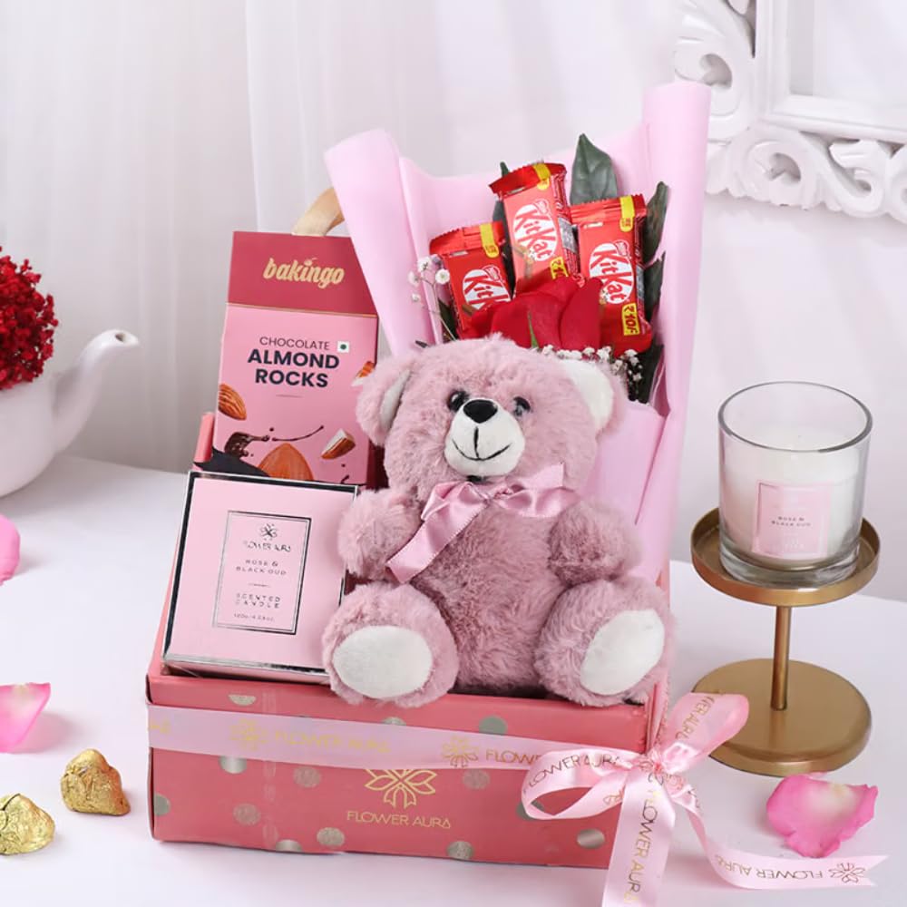 FlowerAura Love Hamper of Fresh Live Rose Chocolate Bouquet, Almonds Rock, Candle & Teddy For Birthday | Anniversary | Valentines Day Gift For Girlfriend, Boyfriend, Husband & Wife (Same Day Delivery)-image-44