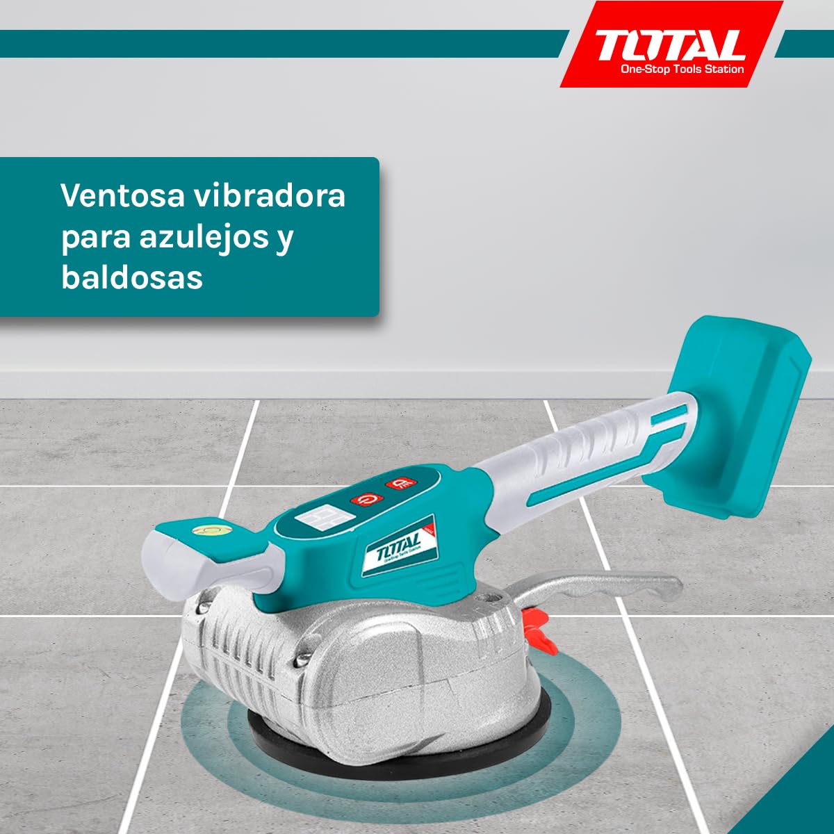 TOTAL - Ventosa Vibradora para Azulejos - Maquina para Instalación de Baldosas - 10000 rpm - Diámetro de 125mm - Batería Cargador y Rodilleras - Succión 50kg