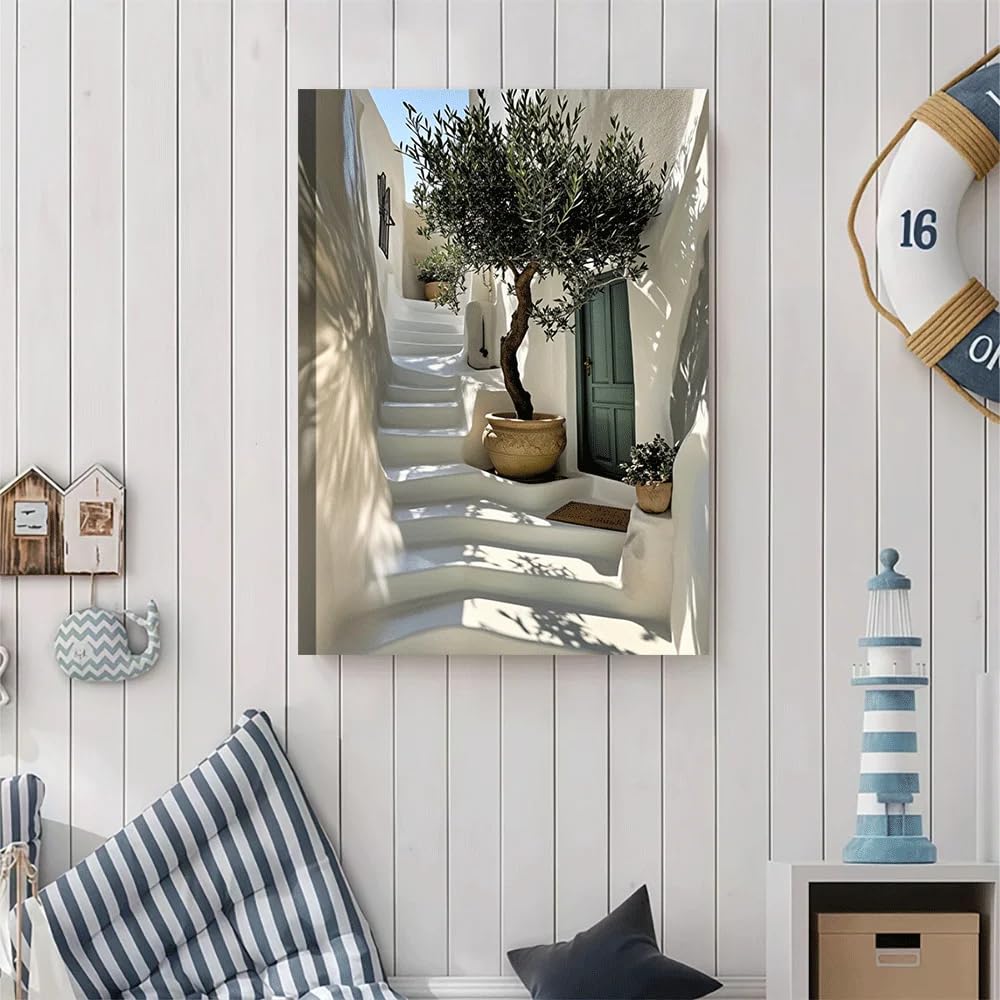 GKUVBF Tableau sur toile représentant un jardin méditerranéen d'été, un olivier et un escalier en pierre blanche, affiche pour la décoration de la chambre (60x80cm/cadre intérieur)