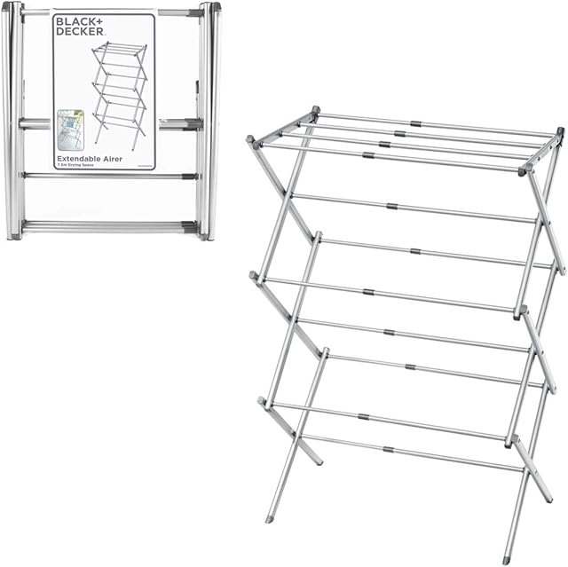 BLACK+DECKER BXAR0002GB Extendable Compact Clothes Airer, Cool Grey, 7.5M Drying Space