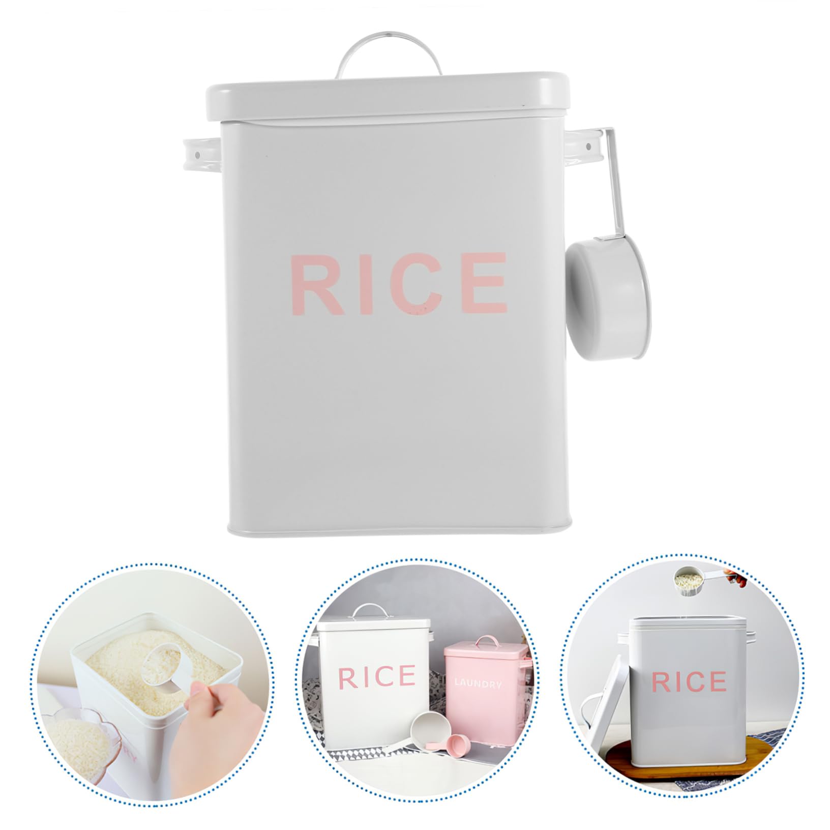 Scatola portaoggetti in metallo bianco da 5 kg, per riso e farina, pratico contenitore dosatore, secchio per riso durevole per cucina di famiglia, soluzione compatta per conservare gli alimenti