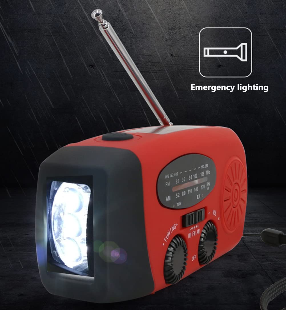 Radio Solaire avec Dynamo À Manivelle, Radio D'urgence Portable Radio Météo Solaire AM/FM avec Lampe de Poche LED, Radio WB Rechargeable Alimentée Batterie 2000 Mah pour La Randonnée, Le Camping