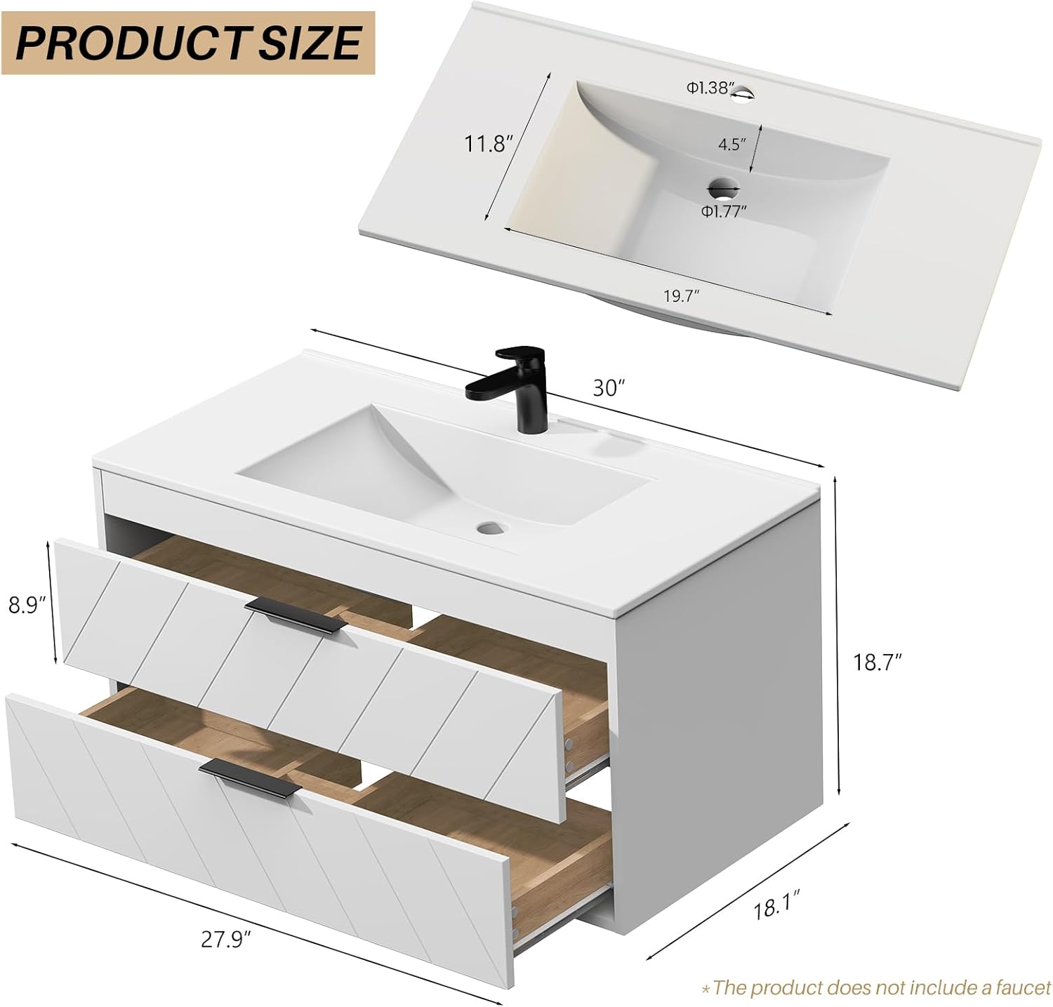 30 Inch Bathroom Vanity with Sink, Modern Floating Bathroom Vanity with Resin Sink, 2 Large Storage Darwers, Wood Grain Texture Wall Mounted Vanity, Metal Handles, White