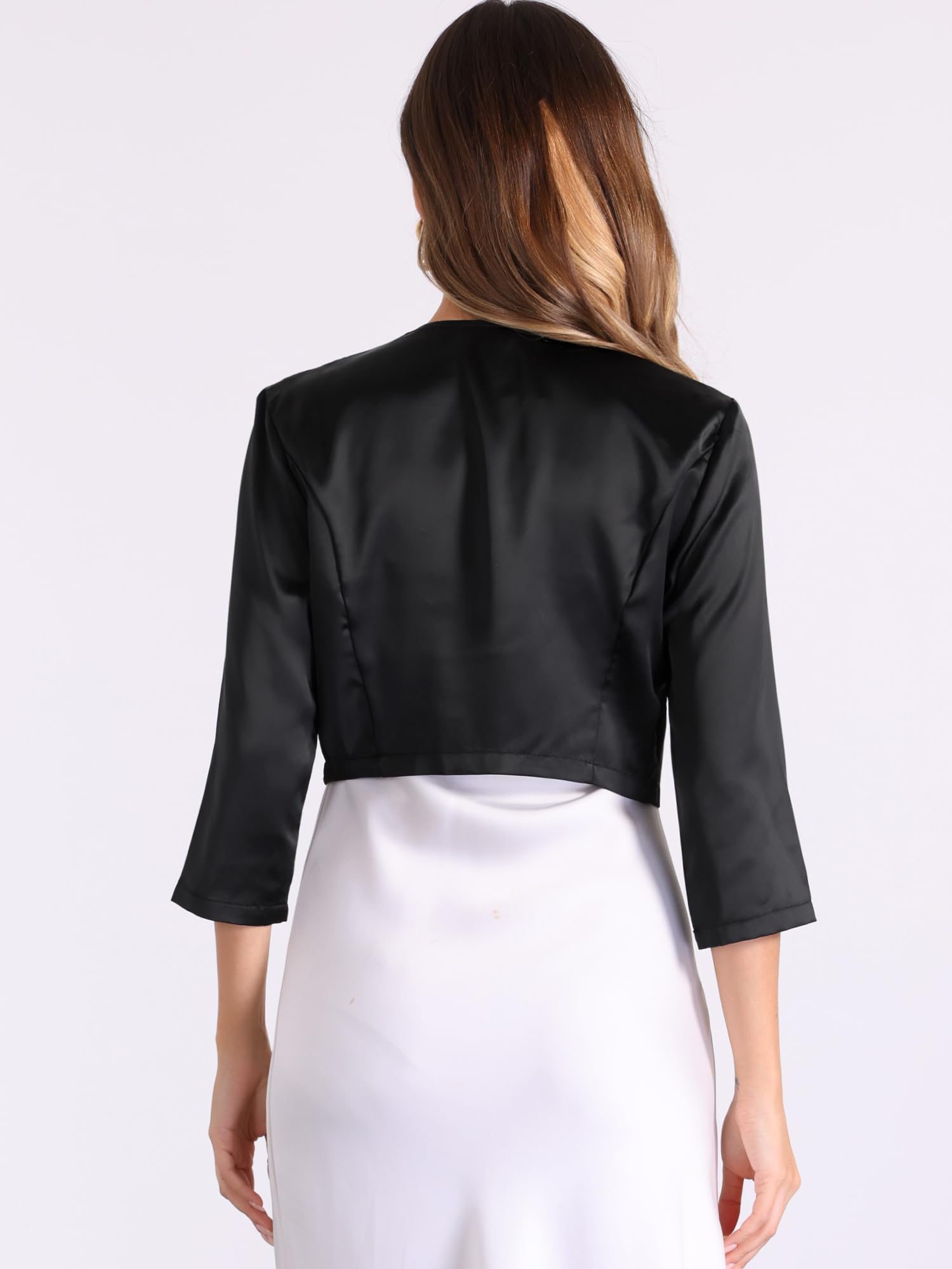 Allegra K Cardigan en satin pour femme à manches 3/4 ouvert sur le devant - Boléro court pour le bureau