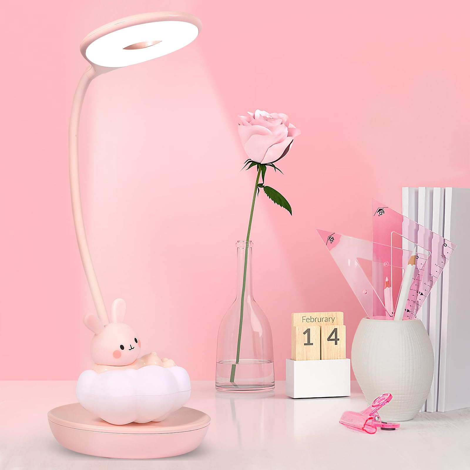 Cute Rabbit Design Dimmable Touch LED Reading Desk Lamp Night Light with 5 Levels Brightness for Boy,Girl Kid Teen (Pink Cloudy Bunny)