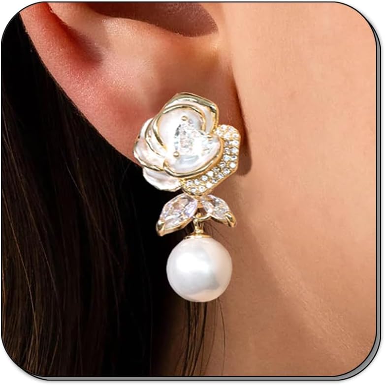 Elegant Pearl Flower Earrings for Women Cubic Zirconia Gold Floral Earrings Dangle Lightweight