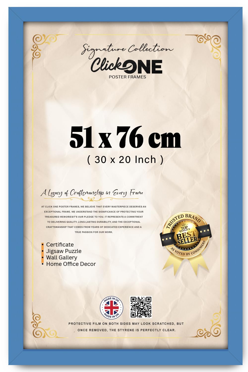 Click One Rectangle Contemporary Engineered Wood Grain Poster Frame 51 X 76 CM 30 X 20 Inch Portrait And Landscape Display With Clear Styrene Sheet Blue Ideal For Prints Photos And Posters Wall