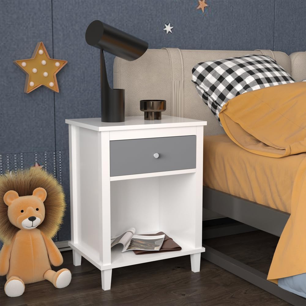 26.77''H Wooden Nightstand with One Drawer One Shelf for Kids, Adults,Gray+Silver Handle (Gray)