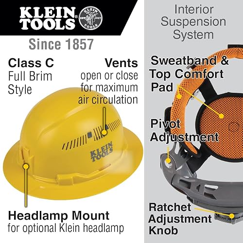 Miniatura 2 de Klein Tools 60262 Hard Hat, Vented, Full Brim Style, Padded Self-Wicking Odor-Resistant Sweatband, Yellow