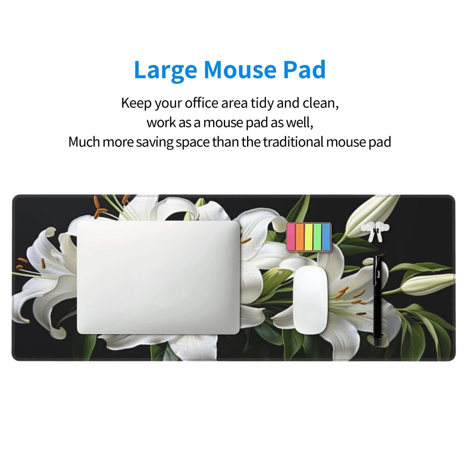 Tappetino Mouse, Tappetino Mouse Gaming Grande XXL 1500x800x3mm Tappetino Scrivania Mouse Pad, Base in Gomma Antiscivolo, Bordi Cuciti, Mousepad per Ufficio e Gaming (Fiore di giglio bianco) R-8
