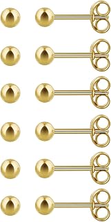 6Pairs 2mm/3mm Surgical Steel Hypoallergenic Piercing Studs, 20G 14K Real Gold Filled Tiny Stud Earrings Set for Multiple Hole Piercing (Cubic Zirconia, Pearl, Ball)