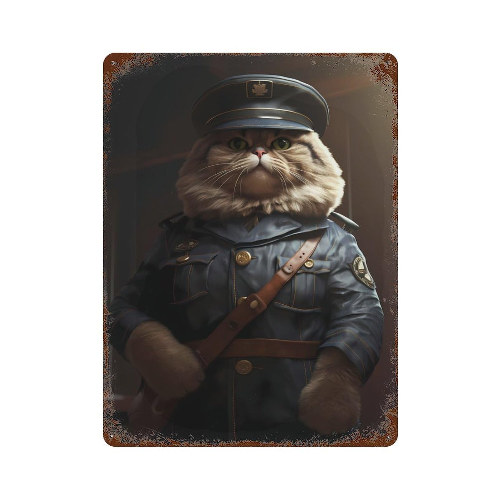 Aged Metal Wall Plaque with Fat Cat Police Officer Pet Design 15.7"x11.8", for Basement, Hobby Room And Garage Decor, Farmhouse Wall Decor