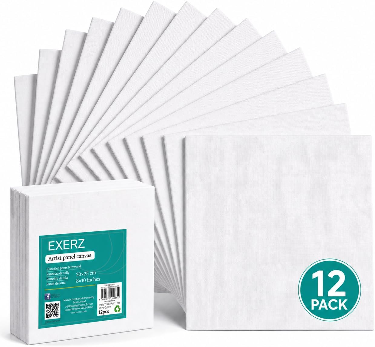 Exerz Canvas Panels 20x25cm, 12 Pack Blank Cotton Canvas Boards, Triple Primed Acid-Free Canvases for Acrylic & Oil Painting