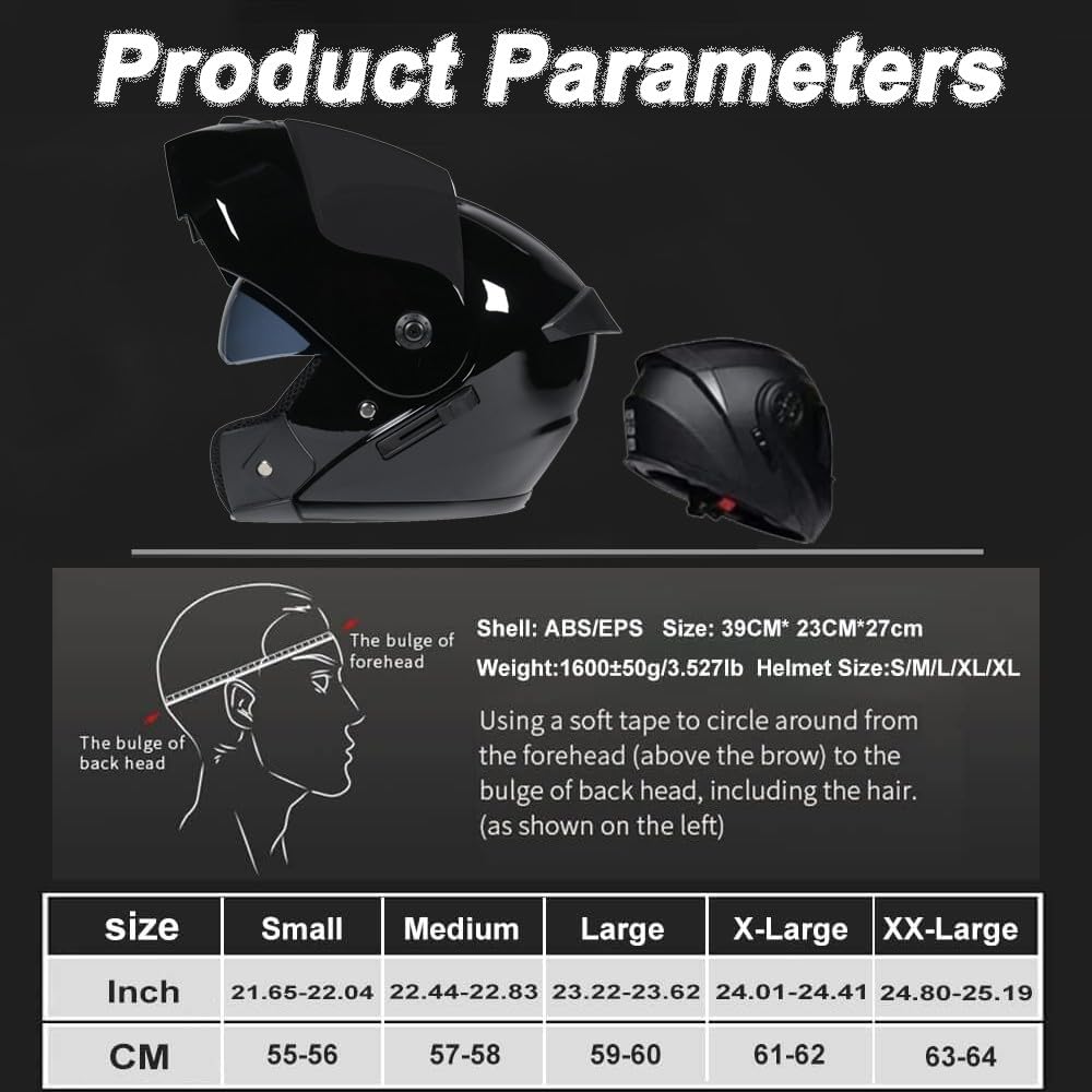 Motorradhelm Klapphelm Mit Bluetooth, Motorrad Bluetooth Modularer Helm ECE Zertifizierter, Integralhelm mit Doppelvisier, für Automatische Antwort Helm Herren Damen (21.6-24.4in)