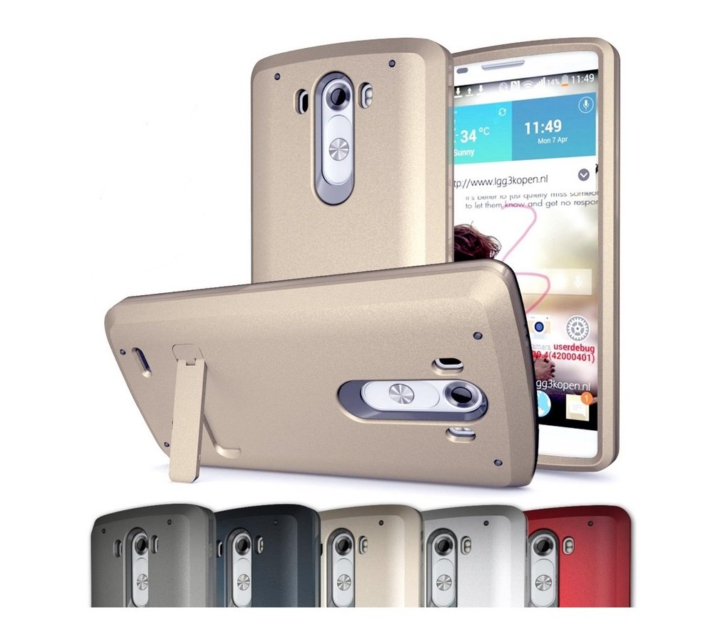 LG G3 Case, Hybrid Dual Layer Armor Defender Full Body Protection Case Cover for LG G3 (Slim Shield w. Kickstand (Gold))