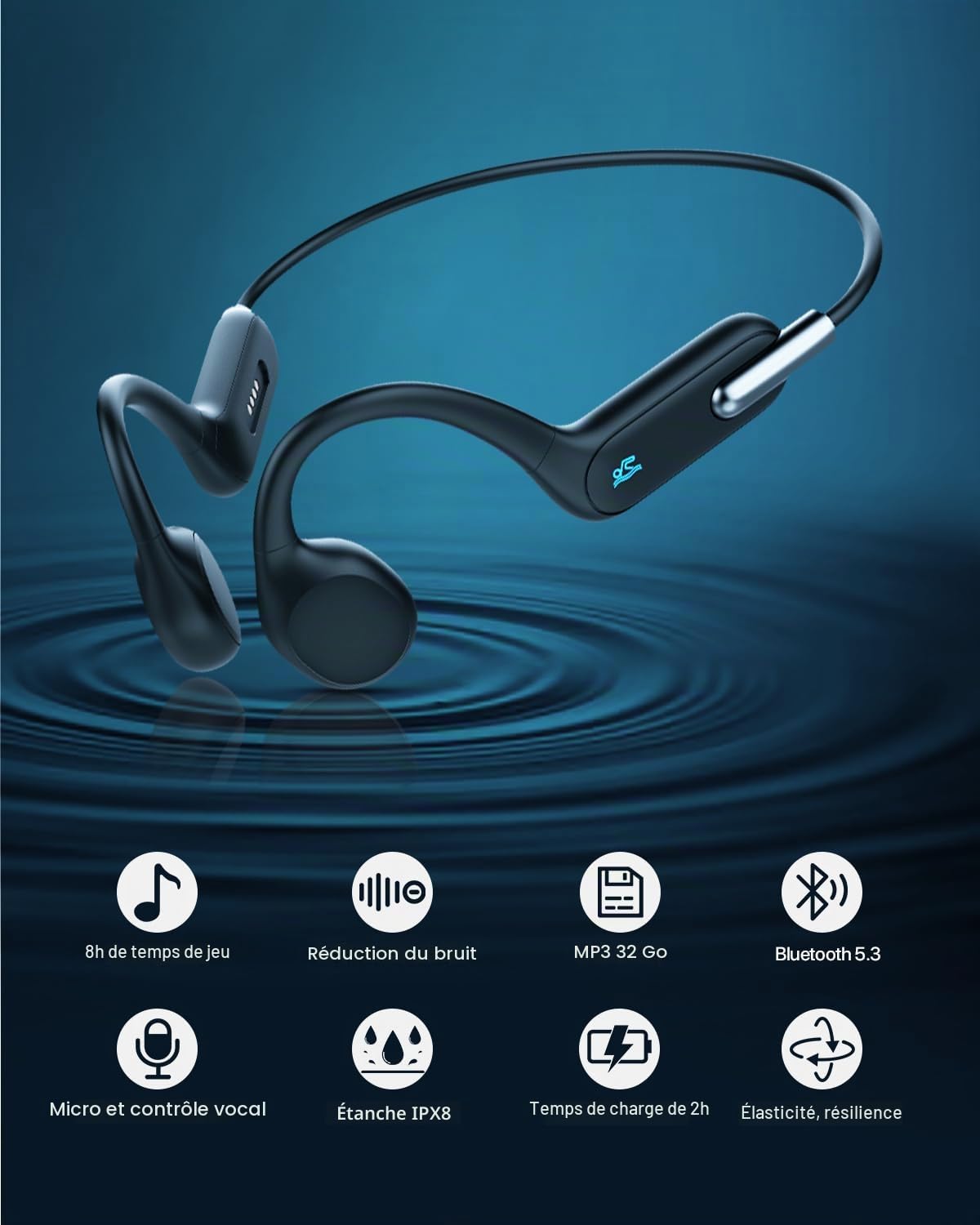 HIFI WALKER Casque à Conduction Osseuse avec Lecteur MP3 Étanche pour Natation IPX8, Écouteurs sans Fil Open-Ear, Bluetooth 5.3 Lecteur de Musique 32 Go pour la Course à Pied, Le vélo