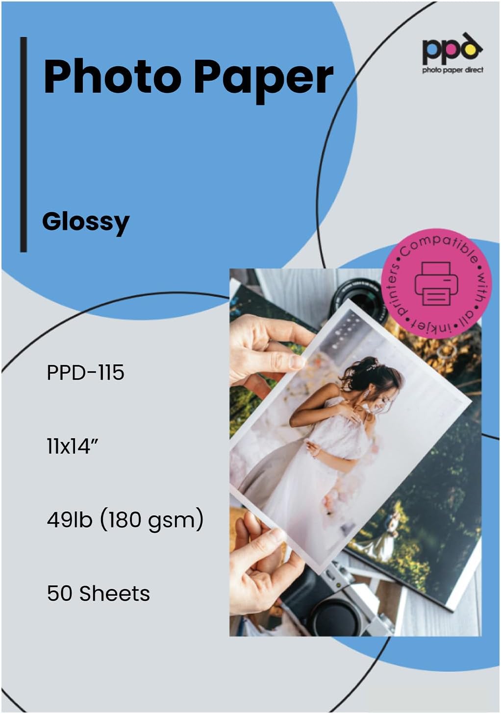 PPD Glossy Photo Paper for Inkjet Printer, 11 x 14" Premium Quality Printable Sheets for Custom Picture, Professional Photographic Instant Dry For with Normal, Dye or Pigment Ink (50 Pack/180 gsm)