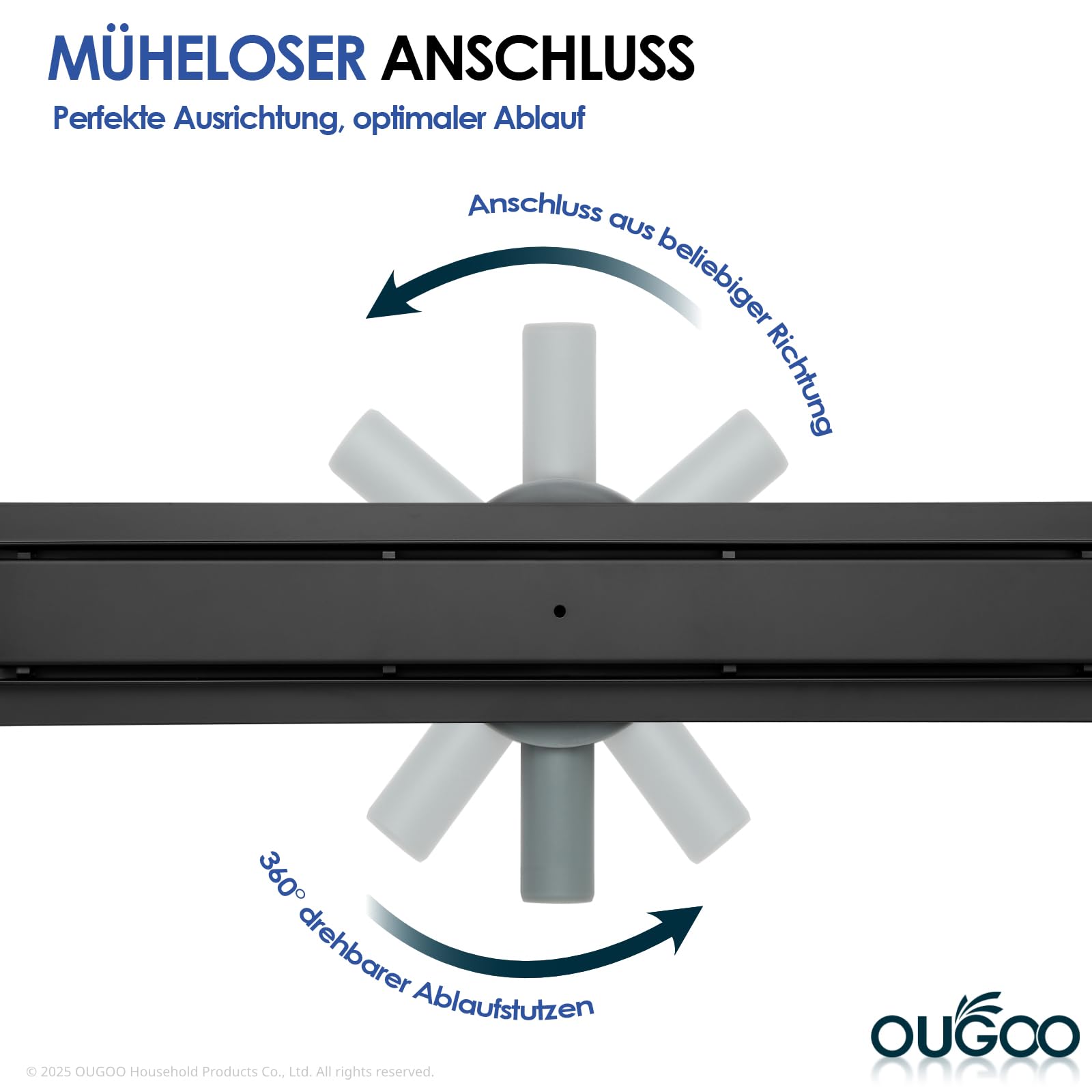 Lineare Duschrinne 60 cm, OUGOO 2-in-1 Befliesbarer Duschabfluss, Bodenablauf Komplettset mit 360° drehbarem Siphon, Haarfilter und Geruchsverschluss, 304 Edelstahl Schwarz