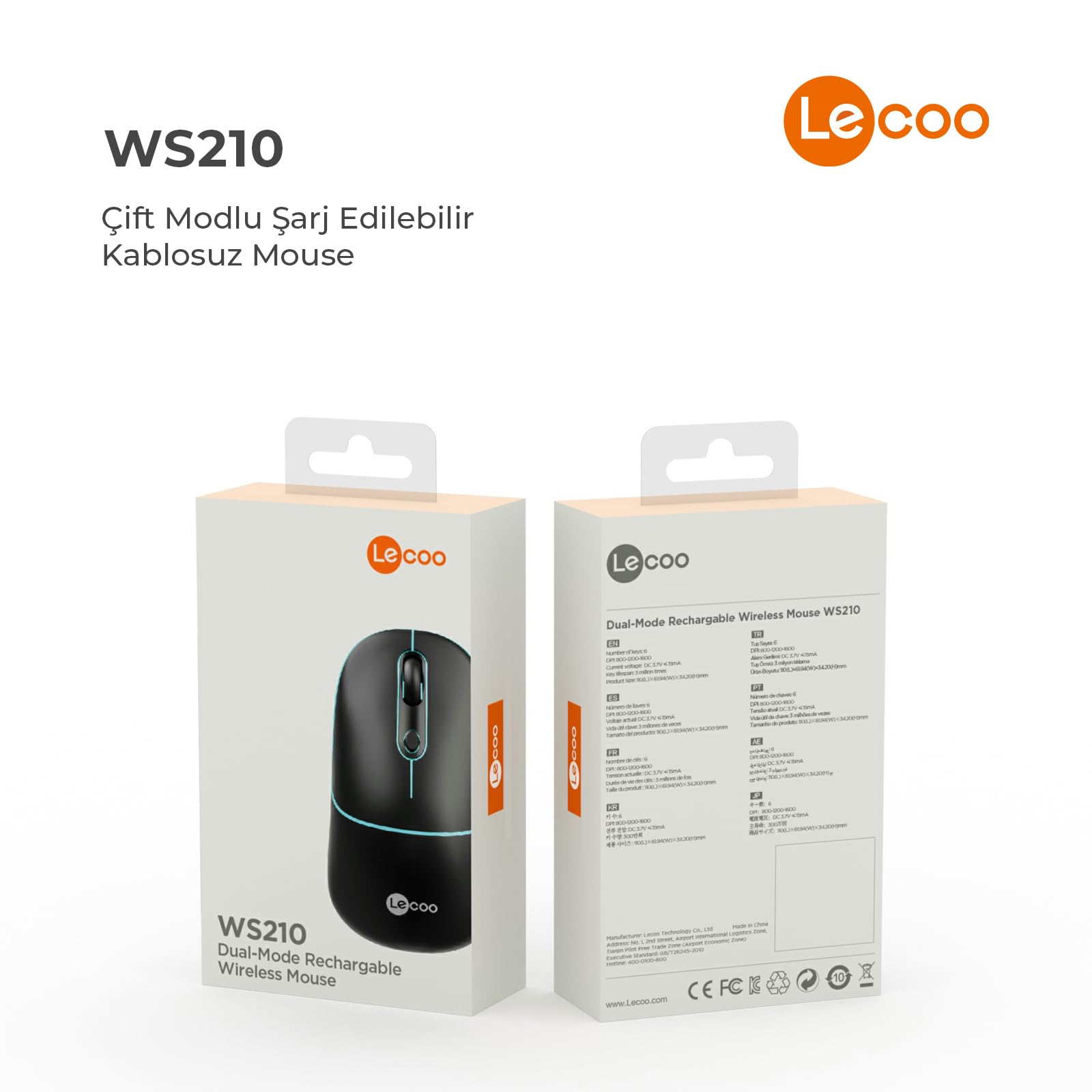 Lenovo lecoo WS210 Dual Mode RGB 2.4GHz WiFi+ Bluetooth per destrorsi e mancini compatibile con Windows, Linux e Mac 1600DPI 6 tasti di ricarica silenzioso compatto wireless mouse ottico nero