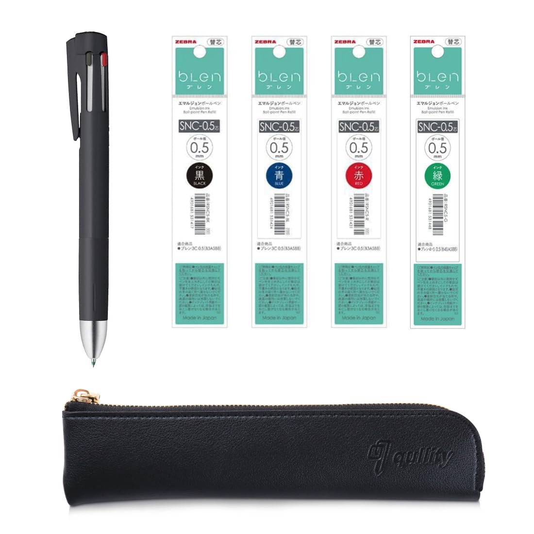 ZEBRA Blen4+S Black 0.5 multifunction Pen (0.5mm Black/Blue/Red/Green and 0.5mm Mechanical Pencil) + SNC-0.5 Refills, original Black slim pen case