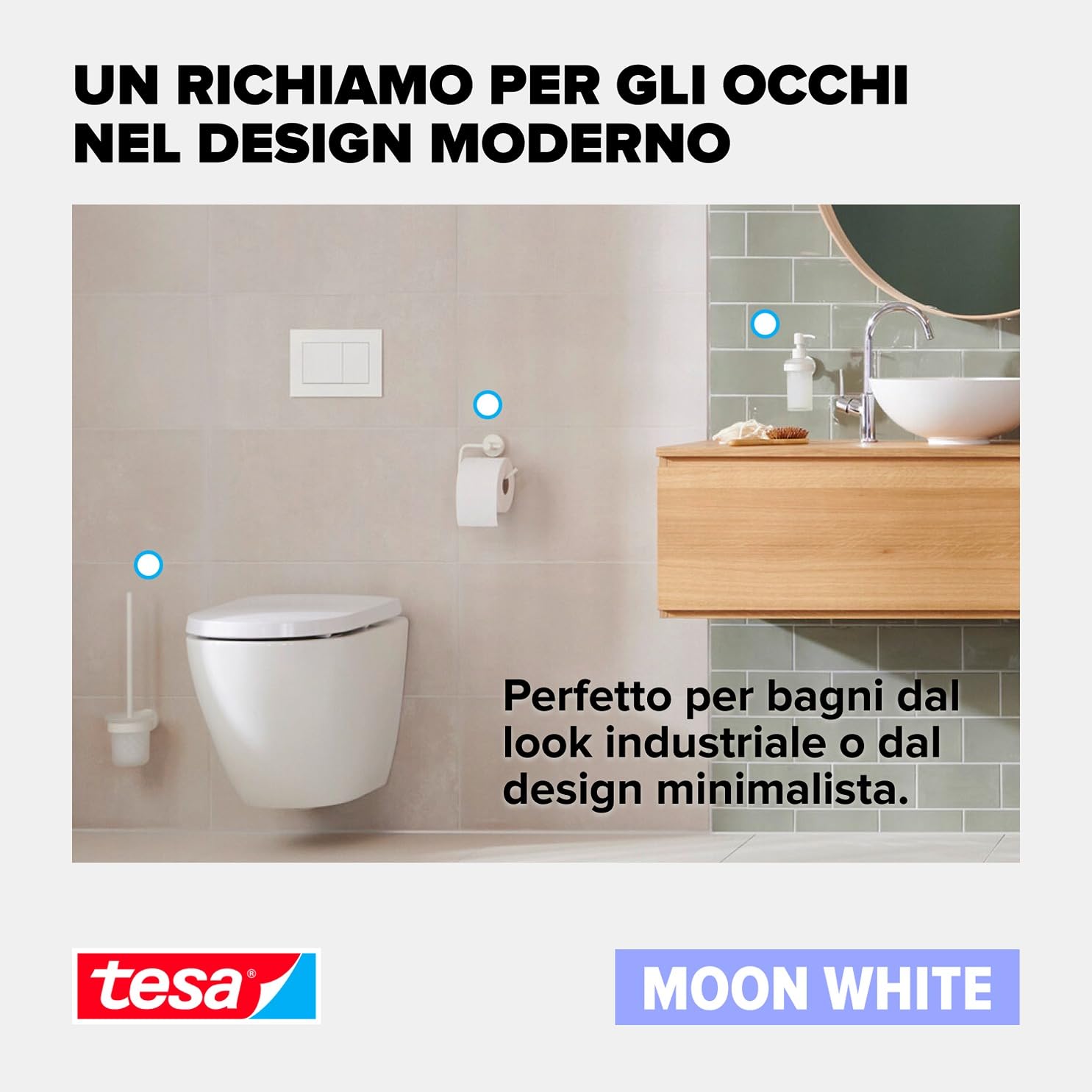 tesa® MOON WHITE Portasciugamani a 2 Bracci per bagno e WC in stile industriale e bagni moderni - Senza foratura, soluzione adesiva inclusa - 84 mm x 50 mm x 456 mm - Bianco opaco