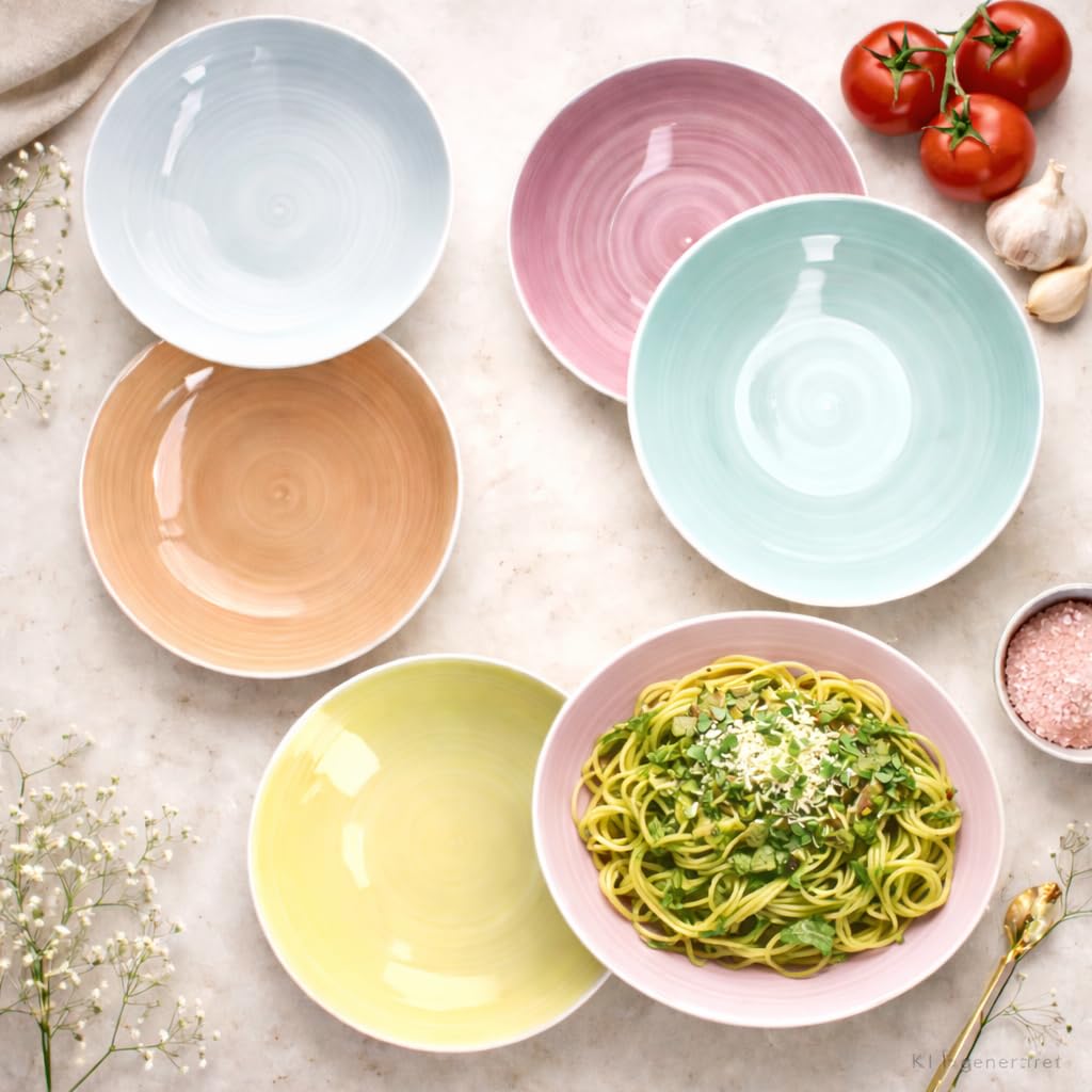 MamboCat Pastello 6-częściowy zestaw talerzy do spaghetti I Ø 23,5 cm, 800 ml I kolorowe talerze kamionkowe w pastelowych kolorach dla 6 osób I głębokie talerze do makaronu, sałatek, misek, zup itp. I