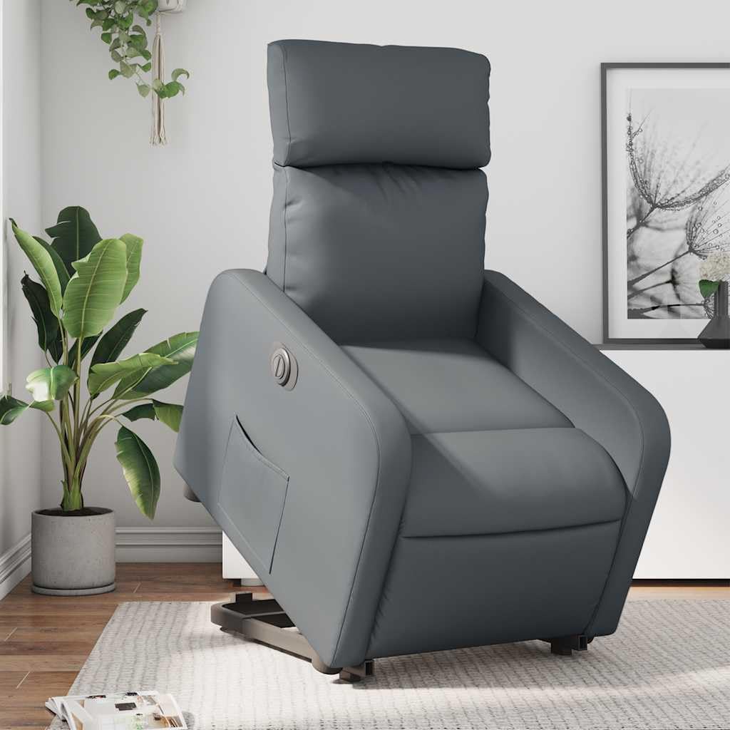 Fotel relaksacyjny ze wspomaganiem wstawania, elektryczny szary, sztuczna skóra z funkcją leżenia, ergonomiczny, wygodny, do salonu, biura, kącik do czytania ze stabilną konstrukcją drewnianą