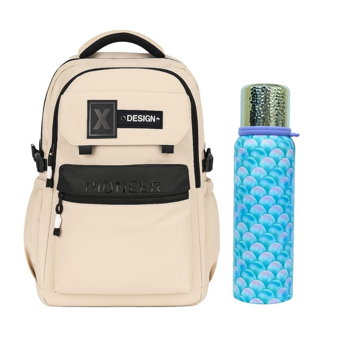 Professional Office Laptop Backpack for Men & Women – Padded, Spacious, Durable for Daily Commute Travel School bagWith Flask Water Bottle (Flask 750ml) Cream&Blue