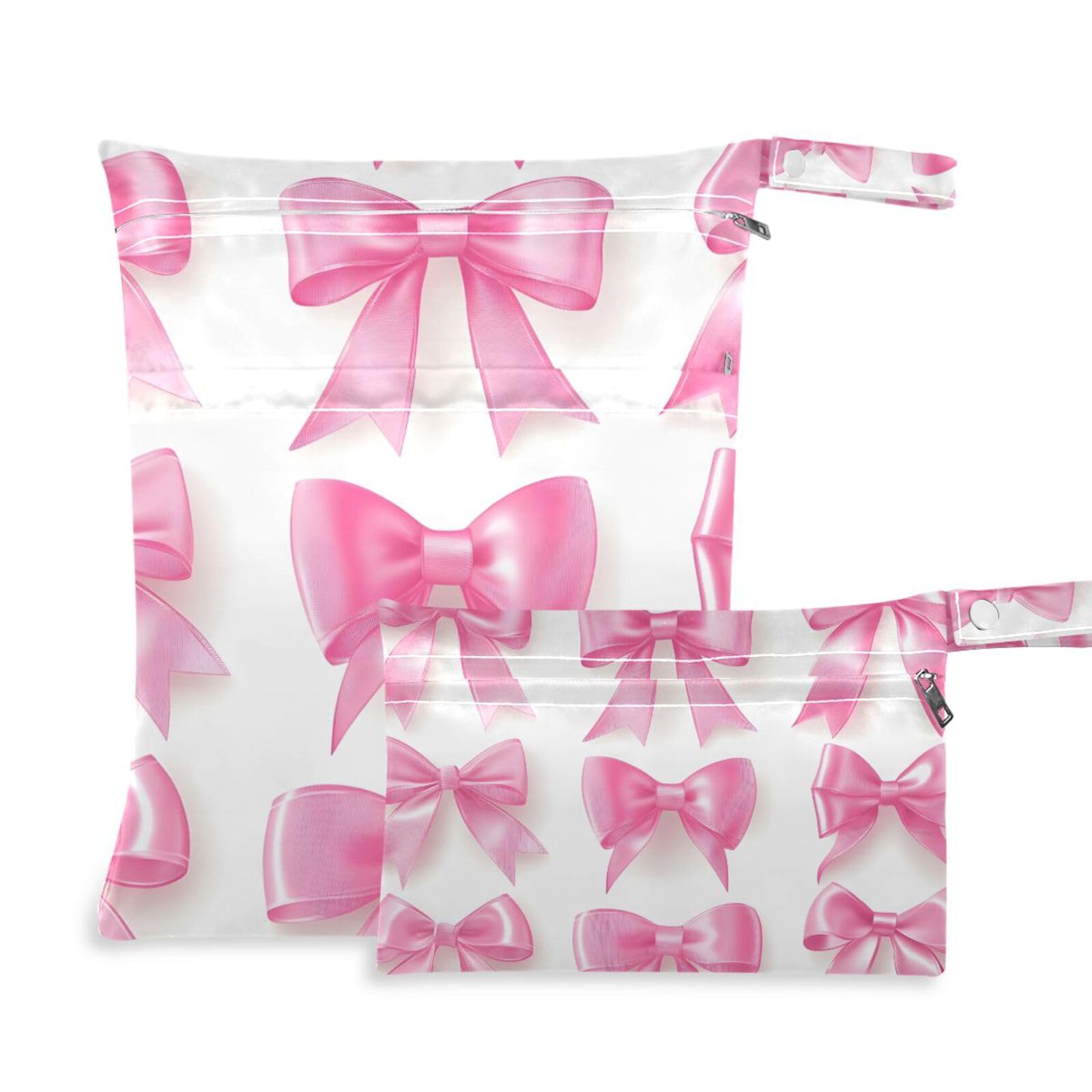 Hezely Pink Bow 2 Pack Cloth Diaper Wet Dry Bags,Waterproof Wet Bag for Baby,Travel, Beach, Pool, Diapers, Dirty Yoga Gym Clothes