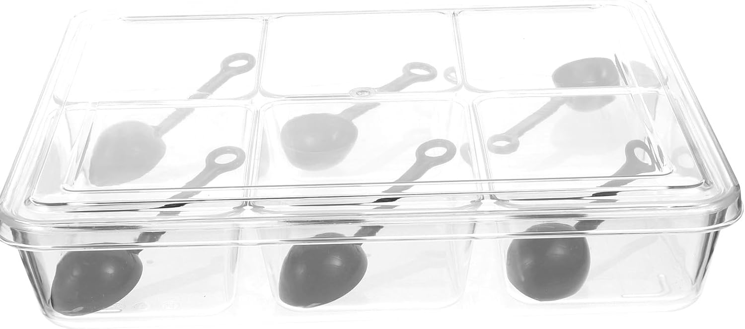 ARTIBETTER Bar Condiment Case with Lid and Spoon, 6-compartment Thick PC Plastic Food Storage Tray, Multipurpose Condiment Organizer for Kitchen and Dining Random Color