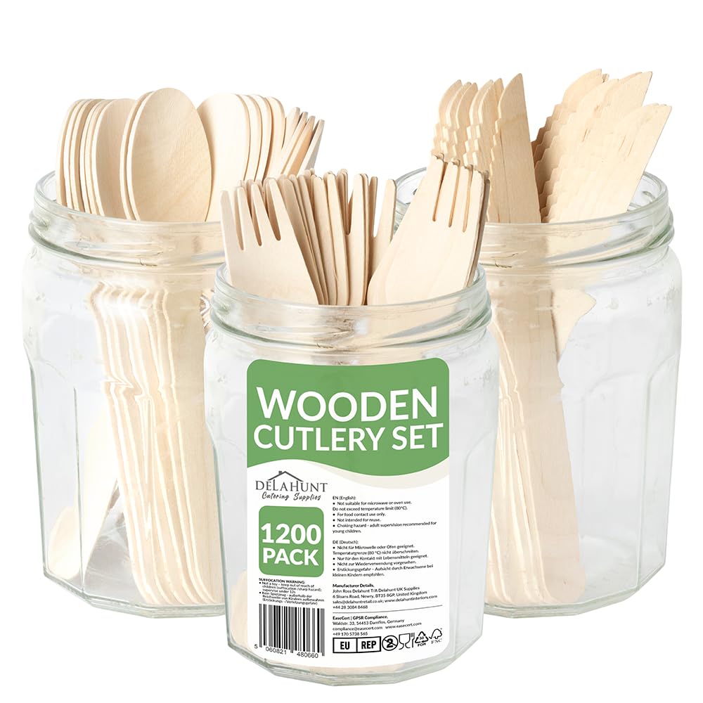 Disposable Wooden Cutlery Set (Forks, Knives, Spoons) - 16cm FSC-Certified Birchwood | Compostable Non-Toxic Utensils for Parties, Picnics, BBQs, Catering, Kitchen & Garden Dining (1200 Pack)