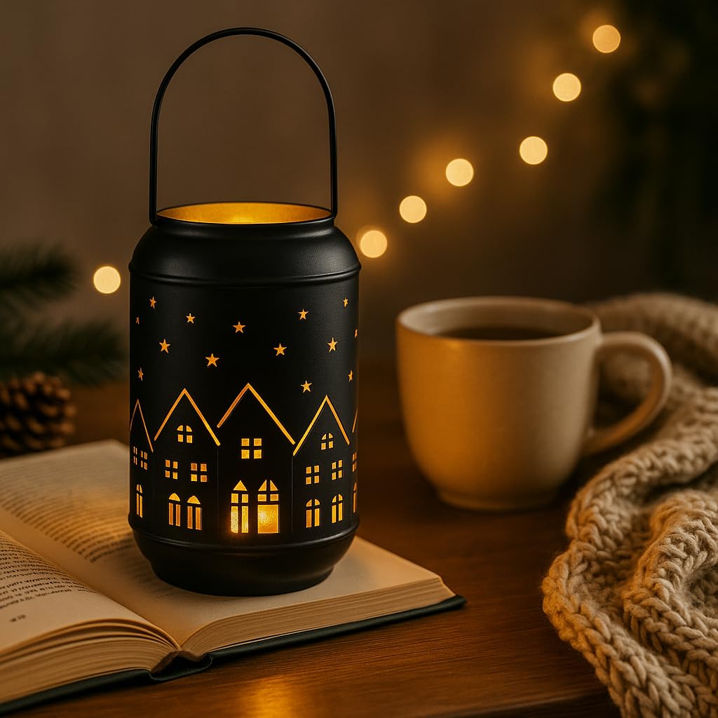 Marrakech Juego de 2 portavelas decorativas Glowtree negro y dorado, 20 cm, con diseño de casas, de metal, candelabros escandinavos, farol moderno, decoración de Adviento, decoración navideña y