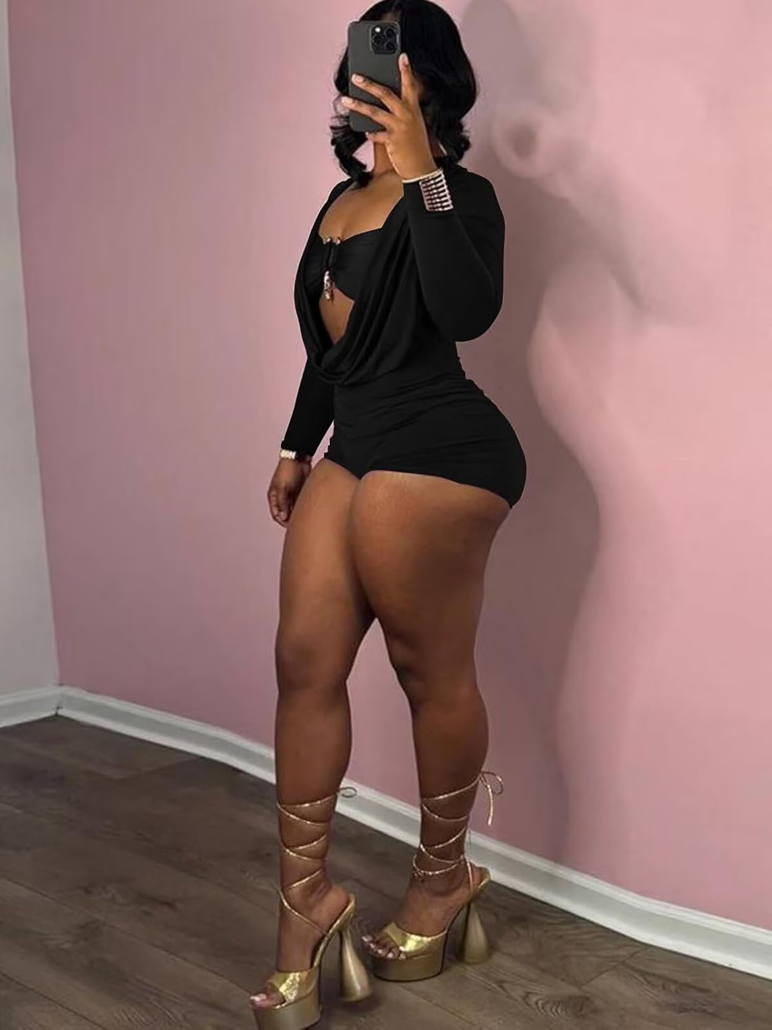 ThusFar Women Sexy V Neck Ruched Jumpsuit Long Sleeve Shorts Club Going Out Outfits Bodycon Romper Birthday Party Night - Image 5