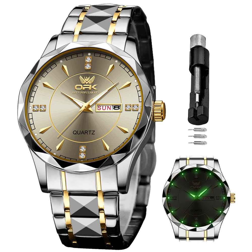 OUPINKE Watches for Men Analog Quartz Stainless Steel Silver Wrist Watch Luxury Dress Waterproof Date Mens Watches, gold strap gold face, dress (B0CL6YS4GW) Amazon Price History, Amazon Price Tracker