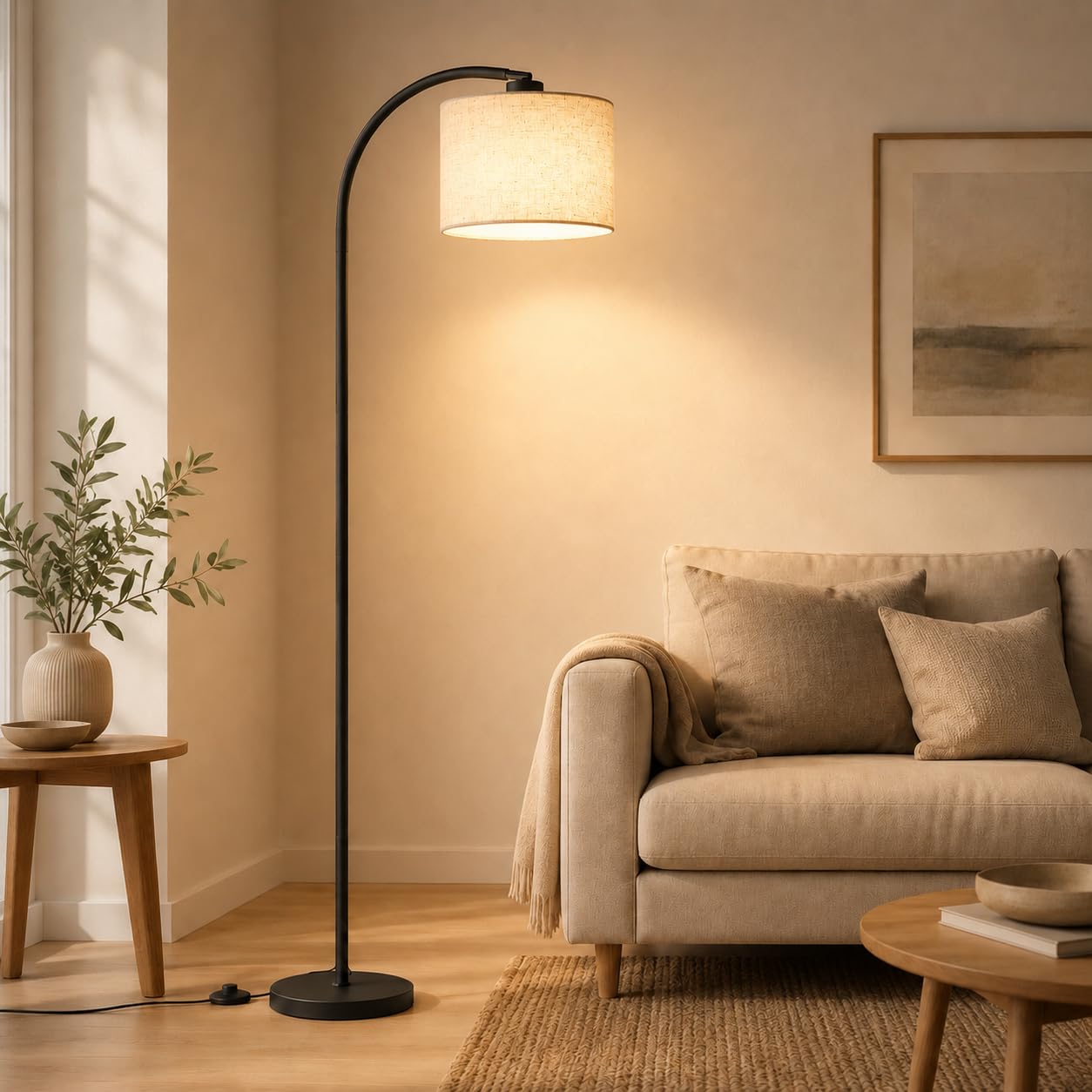 Lampada da terra per soggiorno, 170 cm, ad arco, moderna, con paralume in lino beige regolabile e interruttore a pedale, lampadina LED E27 3000 K inclusa, lampada da lettura per camera da letto