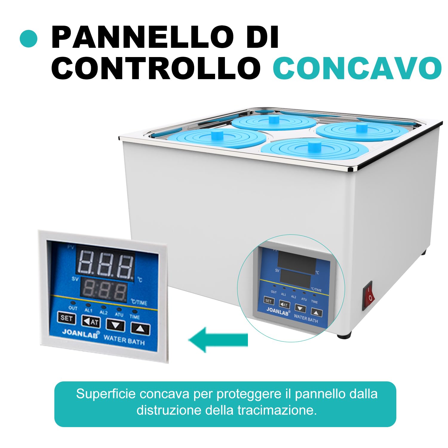 JOANLAB Bagnomaria da Laboratorio 12L, 800W - Quattro Aperture, Acciaio Inox - Termostato Digitale ±0,1°C - Timer 0-99 Min - Display LED