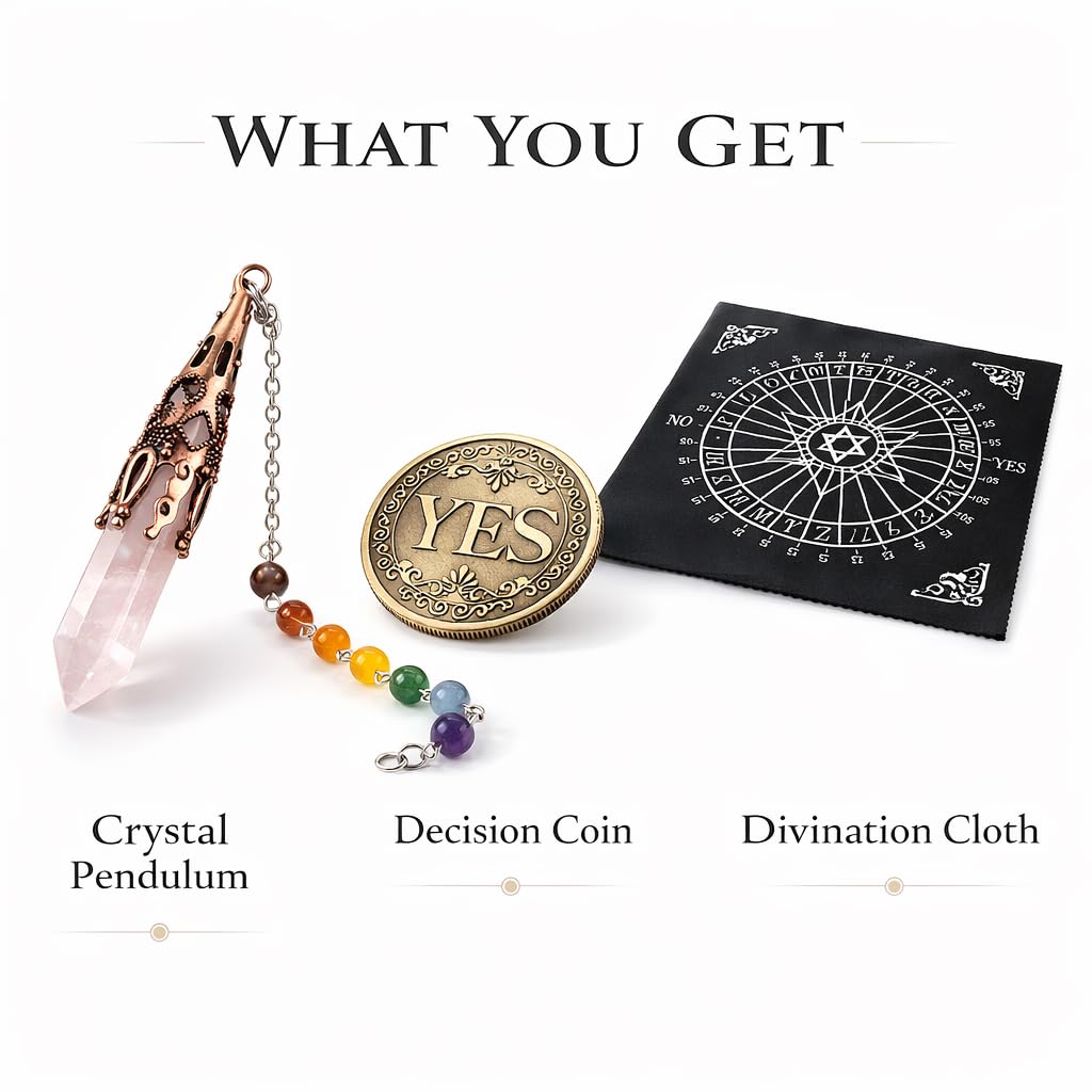 kcrygogo Metaphysical Pendulum Chart Mat with Crystal Pendulum Meditation Tool and Yes or NO Coin,Healing Stone Energy Generator for Divination, Protection,A Mystic Energy Gift