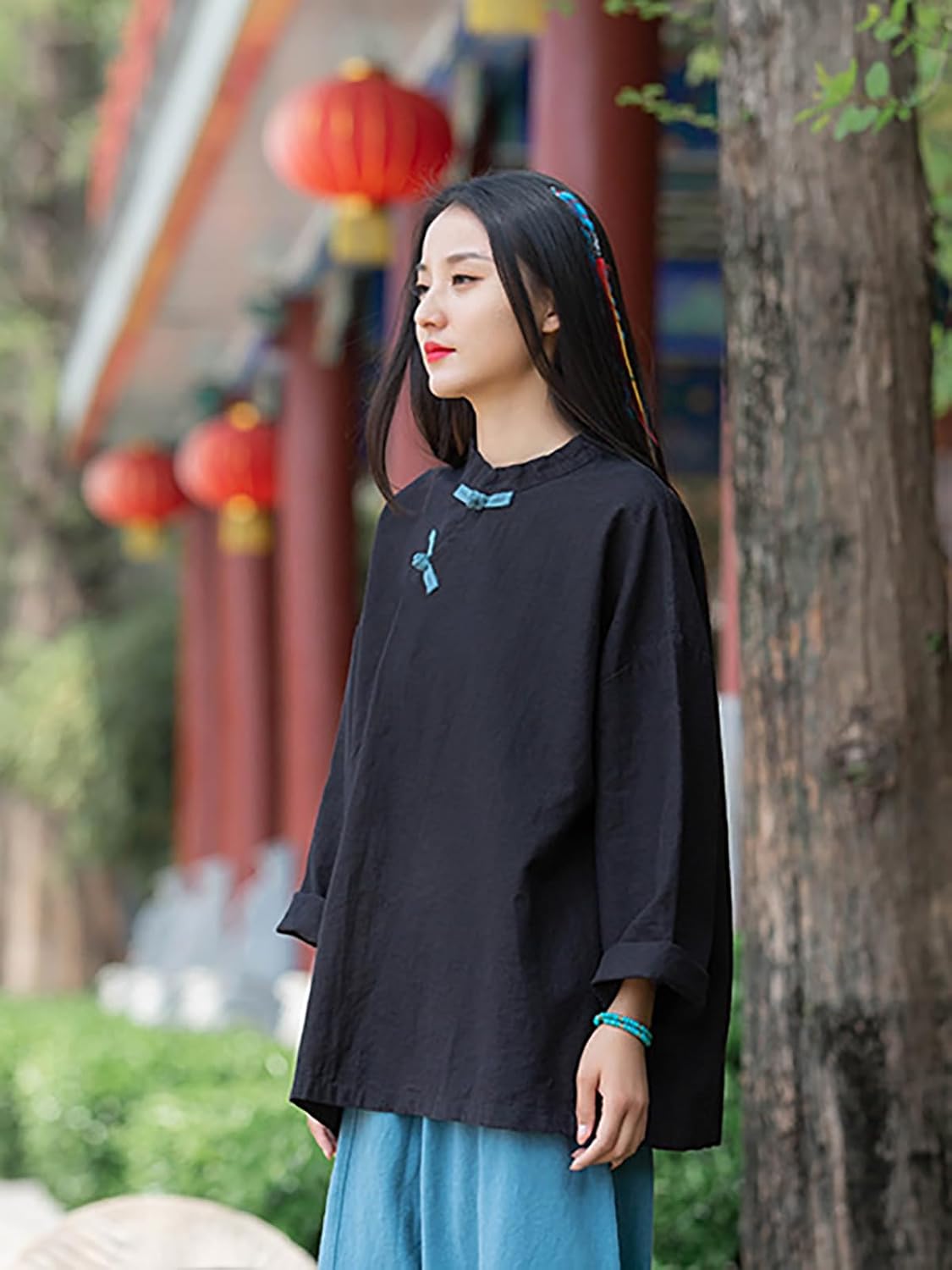 LZJN Women's Linen Shirts Artsy Retro Chinese Style Frog Button Tops Blouse Long Sleeve Tops - Image 3