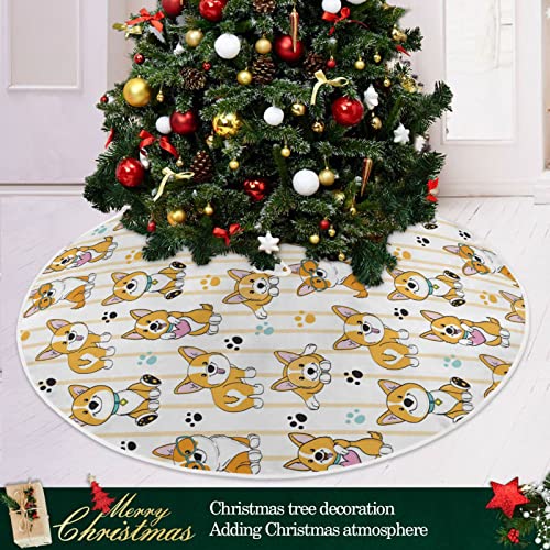 Cute Dog Corgi Stripes Christmas Tree Skirt 35.4/47.2 Inch Large, Double Layer, With Felt Fabric Lining, Tree Mat For Xmas Holiday Party Decoration #TOP4