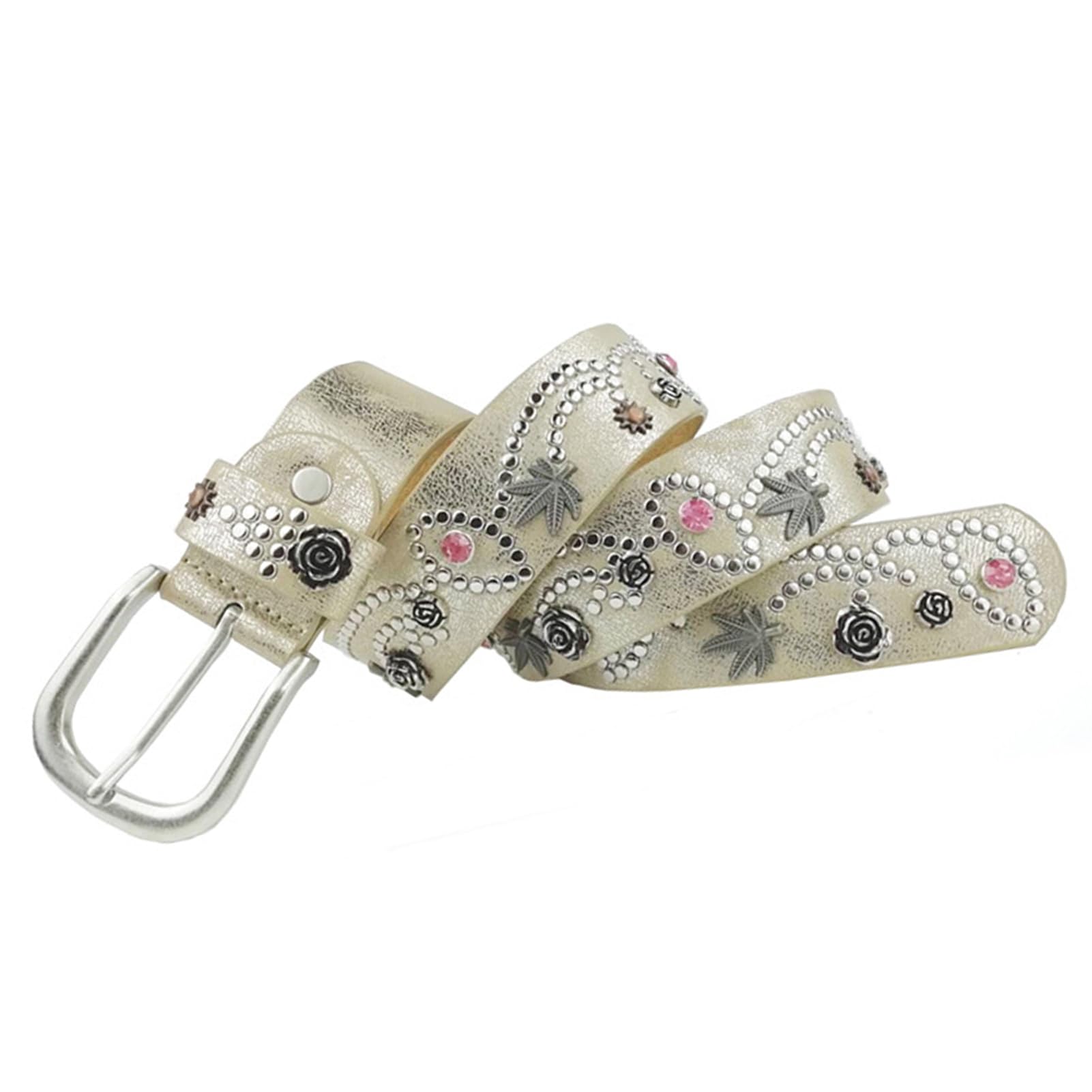 Mujeres Tachonado Cinturón De Cuero Brillante Rhinestone Flores Hojas Remache Decoración Hebilla Ajustable Classic Jeans Cinturón(110cm/waist:36"~38", Gold)