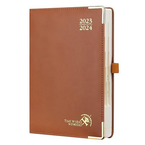 POPRUN Executive Academic Diary 2023-2024 Day to Page A5 (Aug'23 - Jul'24) Mid Year Daily Planner 23/24 Page A Day with Monthly Tabs, Inner Pocket, Pen Holder, PU Leather Hardback(Brown)