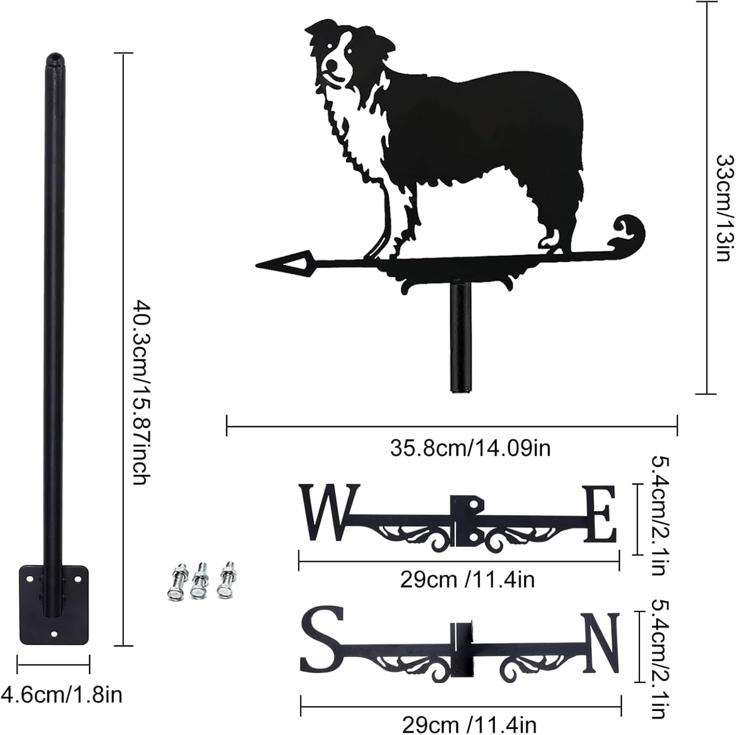 Metal Weather Vane Border Collie Weathervane 28 in Height Herding Dog Wind Vane Large Dimensiona Weathercock for Shed Garden Yard Patio Decor Shepherd Dog