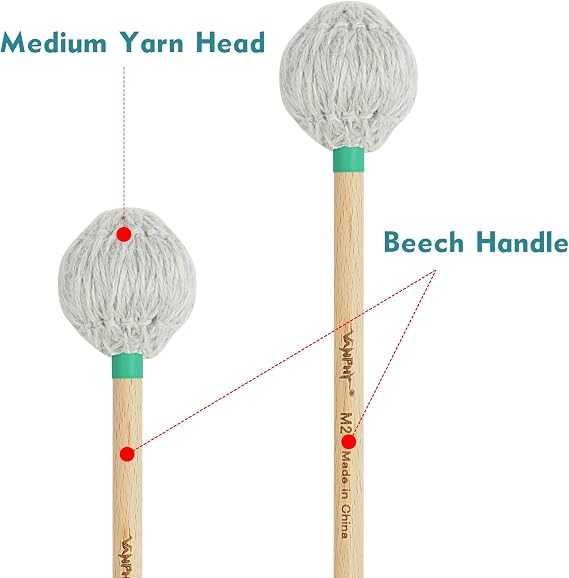 Professional Marimba Mallets -M2 Medium Yarn Heads with Beech Handle