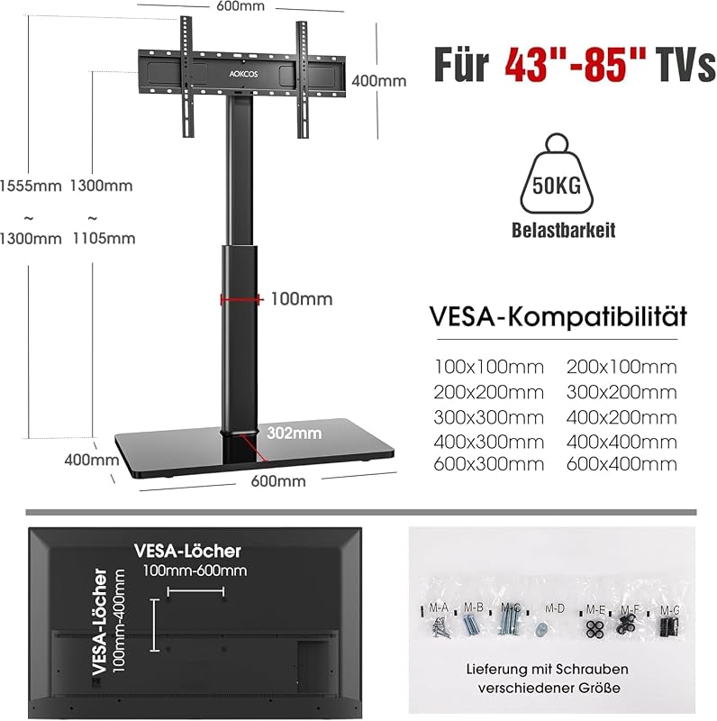 AOKCOS TV állvány 43-75 colos tévéhez, dönthető, forgó, magasságállítható, 1,6 m