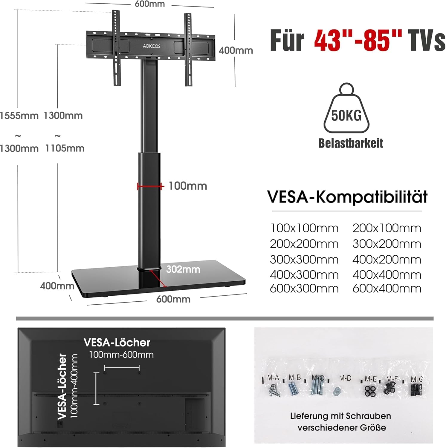 AOKCOS TV Ständer Bodenständer Höher 1.6m für 43-75 85 Zoll Fernseher, Neigbar Schwenkbar Höhenverstellbar Fernsehständer, Universal TV Standfüße Standfuss Max VESA 600x400mm 50KG (Schwarz)