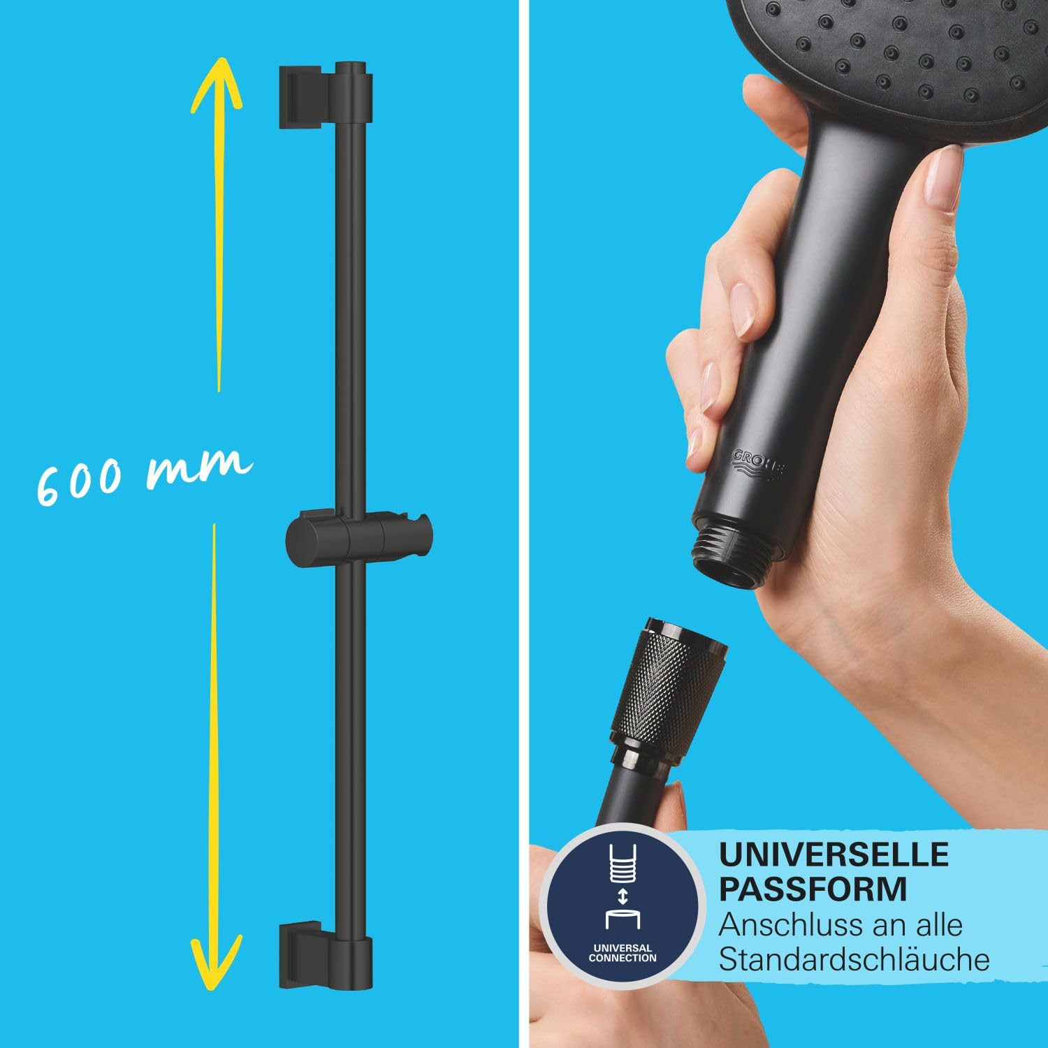 GROHE Vitalio 110, Duschset wassersparend, 6l pro Min (Brausestangenset mit: Duschkopf 2 Strahlarten, 1,75m Schlauch, Duschstange 60cm, zum Kleben oder Bohren, ohne Kleber), rund, schwarz, 279482431