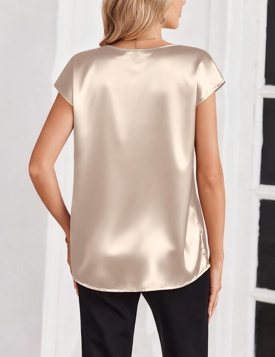 Zeagoo Women Silk Satin Tops Cap Short Sleeve Blouse V Neck Shirts Business Casual Outfits S-2XL - Image 4