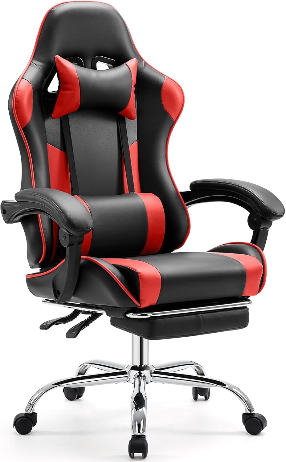Ergonomic Video Game Computer Chairs with Footrest & Comfortable Lumbar Support,Height Adjustable Reclining Chair in PU Leather with Headrest and Fixed Armrests, 360° Swivel, Black&Red
